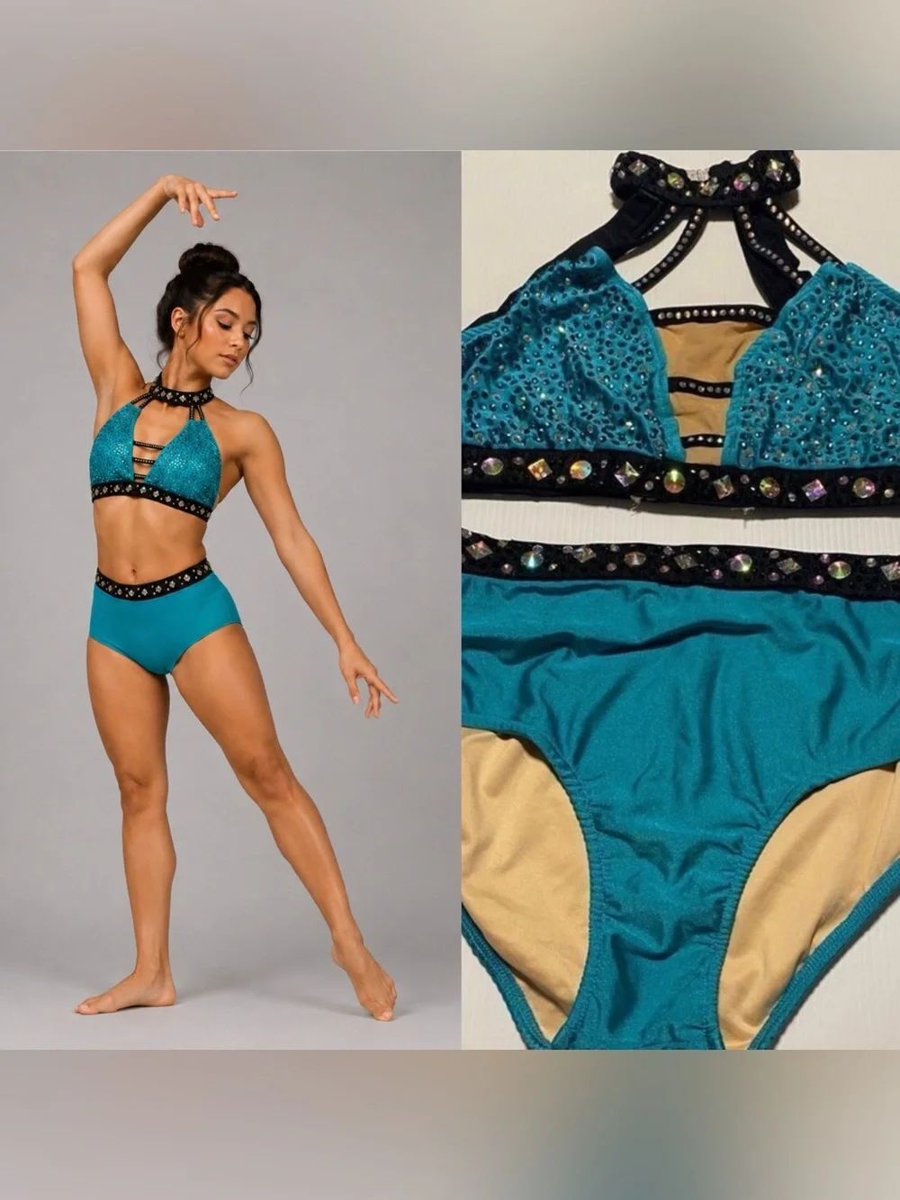 Glamour teal aqua solo 2 piece illusion Dance Costume Leotard LA-Large adult